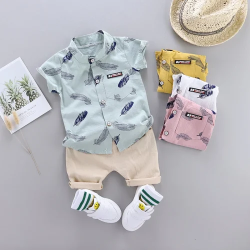 0-3 Year Old Baby Summer Feather Print Shirt Short Sleeve Suit